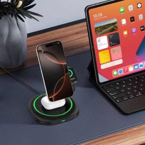 Ładowarka indukcyjna 3w1 do smartfona smartwatcha słuchawek Magnetic MagSafe - czarna