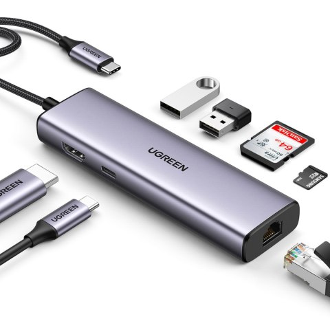 HUB Adapter USB-C - USB-A / HDMI / RJ45 / czytnik kart SD i TF / USB-C PD 100W - szary