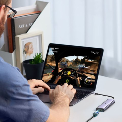 HUB Adapter USB-C - USB-A / HDMI / RJ45 / czytnik kart SD i TF / USB-C PD 100W - szary