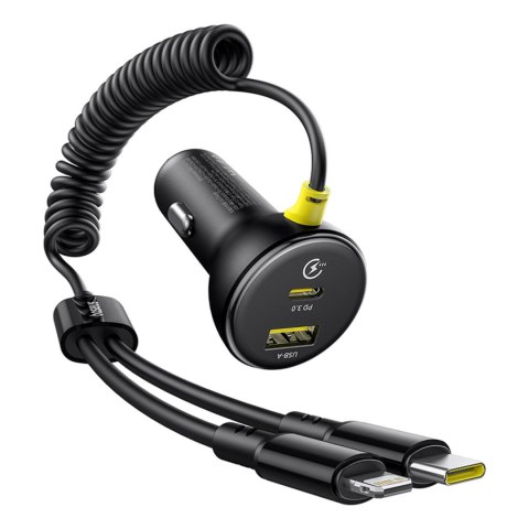 Ładowarka samochodowa USB-A USB-C z kablem iPhone Lightning USB-C 60W 1.4m - czarna