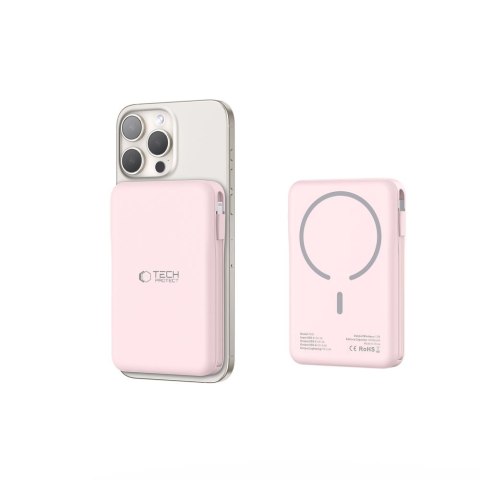 Powerbank 10000 mAh USB-A USB-C z kablami USB-C iPhone Lightning MagSafe - różowy