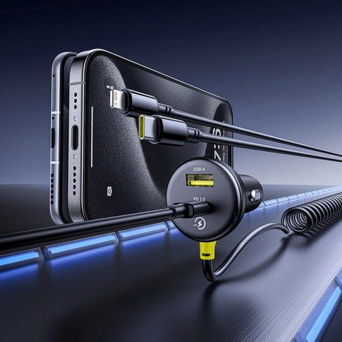 Ładowarka samochodowa USB-A USB-C z kablem iPhone Lightning USB-C 60W 1.4m - czarna