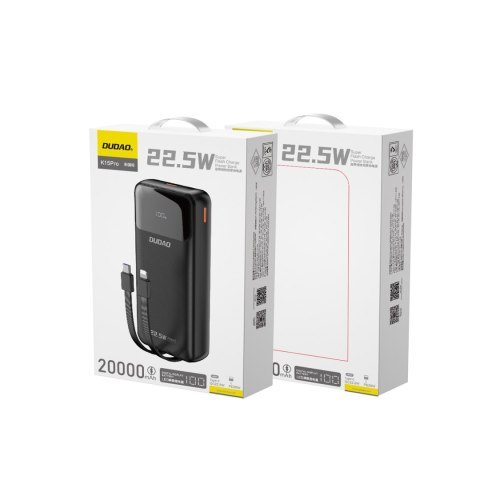 Powerbank 20000mAh 22.5W PD USB-C USB-A z wbudowanymi kablami iPhone Lightning USB-C - czarny