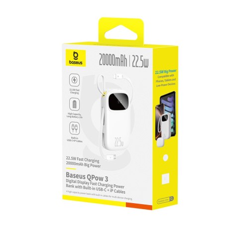 Powerbank 20000mAh 22.5W z wyświetlaczem kablami USB-C iPhone Lightning - biały