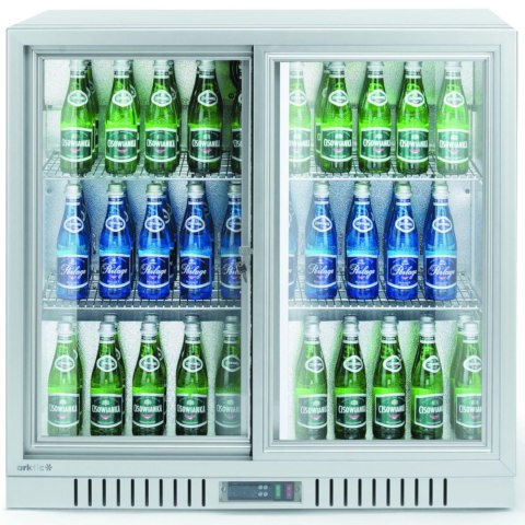 Lodówka chłodziarka barowa z 2 drzwiami suwanymi LED 150 l 160 W 90x52x84 cm - srebrna