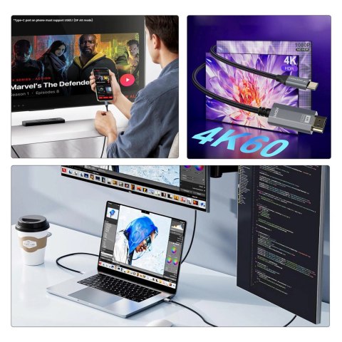 Kabel przewód USB-C - HDMI 4K 60Hz 1.8m - czarny