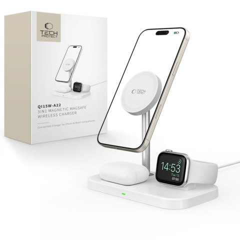 Ładowarka indukcyjna 3w1 ze stojakiem na smartfon Apple Watch AirPods MagSafe - biała