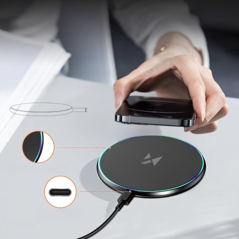 Ładowarka indukcyjna bezprzewodowa Qi z kablem USB-C 15W - czarny