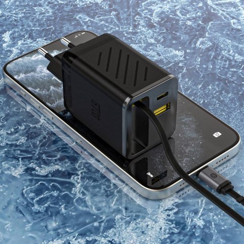 Ładowarka sieciowa USB-A USB-C GaN 67W z kablem zwijanym USB-C PD QC - czarna