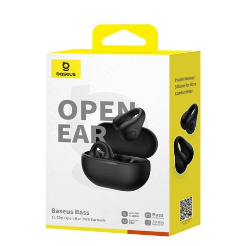 Słuchawki bezprzewodowe douszne otwarte Bass 15 Clip OWS z kablem USB-C - czarne