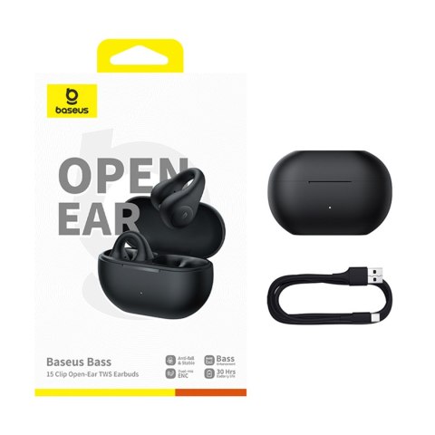 Słuchawki bezprzewodowe douszne otwarte Bass 15 Clip OWS z kablem USB-C - czarne