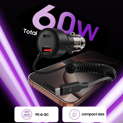 Ładowarka samochodowa + kabel USB-C CC05 PD 60 W - czarna