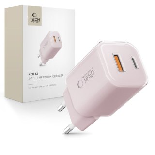 Ładowarka sieciowa USB-A USB-C PD 33W QC - różowa