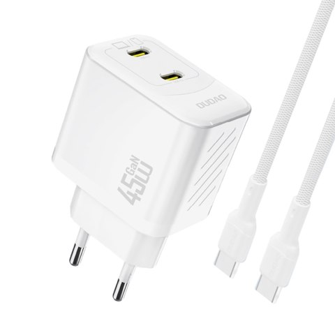 Ładowarka sieciowa 2xUSB-C z kablem USB-C GaN PD 45W - biała