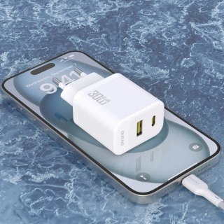 Ładowarka sieciowa USB-A USB-C z kablem USB-C GaN PD 30W - biała