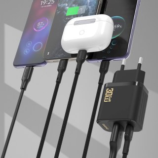 Ładowarka sieciowa USB-A USB-C z kablem USB-C GaN PD 30W - czarna