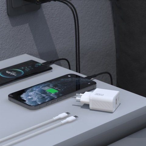 Ładowarka sieciowa USB-A USB-C z kablem USB-C GaN PD 30W - czarna