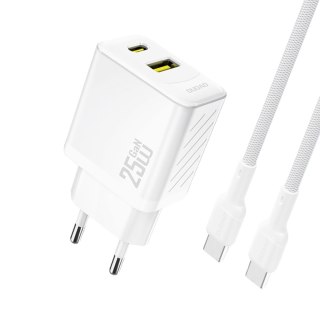 Ładowarka sieciowa USB-A USB-C z kablem USB-C GaN PD QC 25W - biała