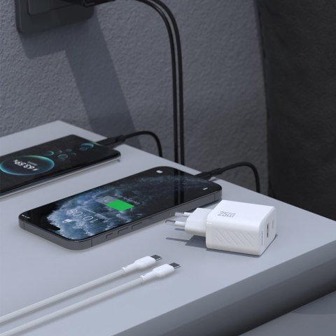 Ładowarka sieciowa USB-A USB-C z kablem USB-C GaN PD QC 25W - biała