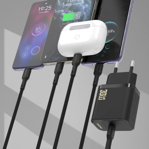Ładowarka sieciowa USB-C z kablem USB-C GaN PD 30W - czarna