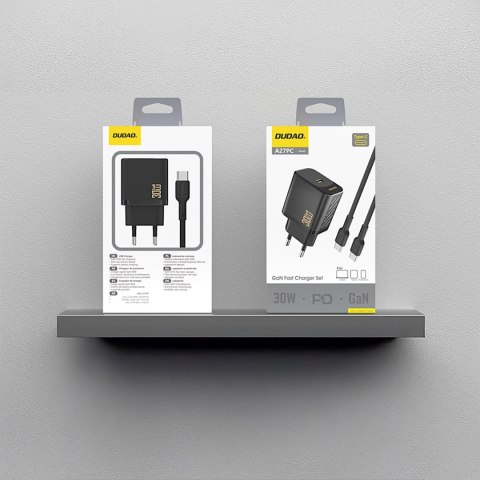 Ładowarka sieciowa USB-C z kablem USB-C GaN PD 30W - czarna