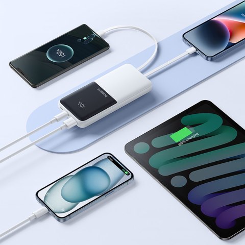 Powerbank 10000mAh 22.5W Lipow z wbudowanymi kablami USB-C iPhone Lightning - biały