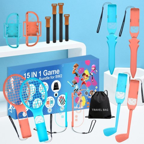 Zestaw akcesoriów rodzinnych 15w1 do konsoli Nintendo Switch 2 - pomarańczowy i niebieski