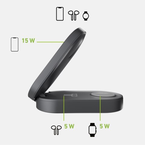 Stacja ładująca 3w1 bezprzewodowa składana do iPhone Apple Watch AirPods QI2 MFI - czarna