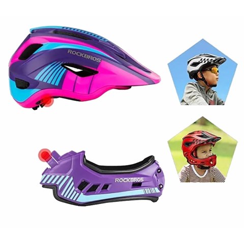 Kask rowerowy dziecięcy z odpinaną szczęką rozmiar M - fioletowo-różowy