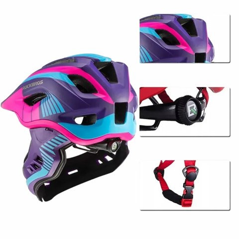 Kask rowerowy dziecięcy z odpinaną szczęką rozmiar M - fioletowo-różowy