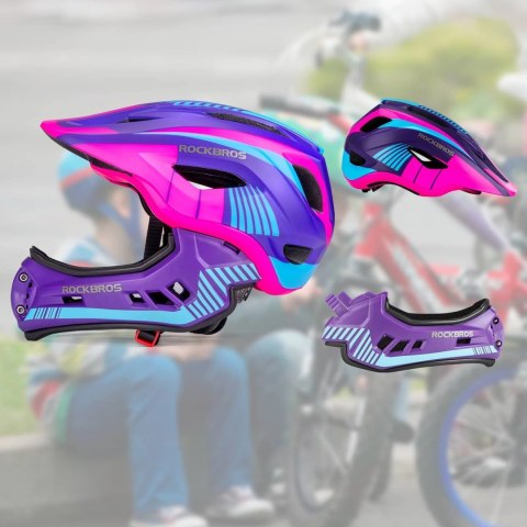 Kask rowerowy dziecięcy z odpinaną szczęką rozmiar M - fioletowo-różowy