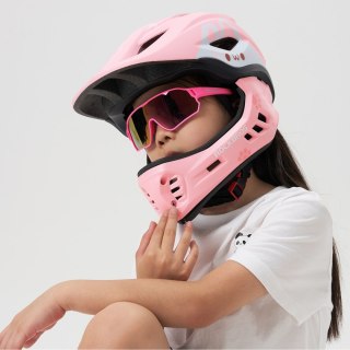 Kask rowerowy dziecięcy z odpinaną szczęką rozmiar S 48-52cm - różowy królik