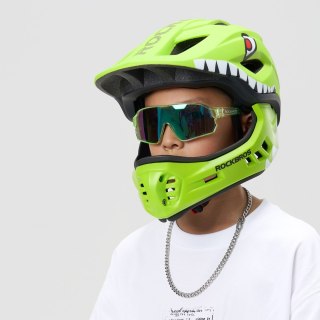 Kask rowerowy dziecięcy z odpinaną szczęką rozmiar S 48-52cm - zielony rekin