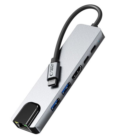 6w1 HUB Adapter USB-C USB-A HDMI RJ45 4K 30Hz PD 100W - szary