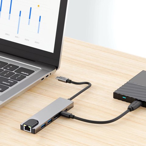 6w1 HUB Adapter USB-C USB-A HDMI RJ45 4K 30Hz PD 100W - szary