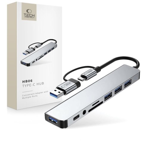 HUB rozdzielacz wielofunkcyjny 8w1 USB-C USB-A SD/TF AV3.5 - szary