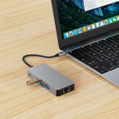 HUB adapter 9w1 USB-C USB-A HDMI SD TF RJ45 4K 60Hz - szary
