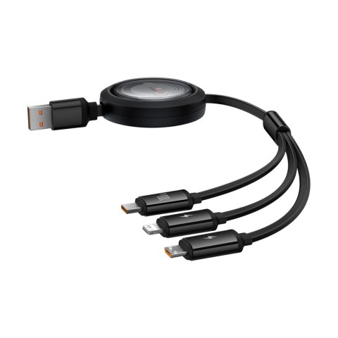 Kabel przewód zwijany 3w1 USB-A - MicroUSB/Lightning/USB-C 100W 1.1m - czarny