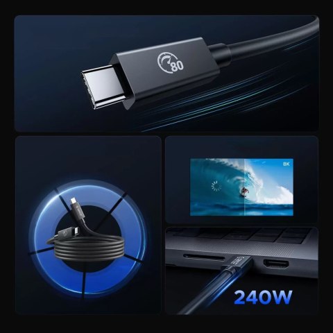 Kabel przewód USB-C USB4 Thunderbolt5 80Gbps 240W 1.5m - czarny