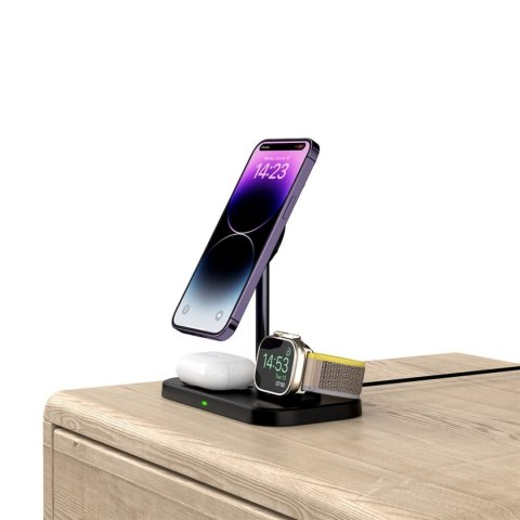 Ładowarka indukcyjna 3w1 ze stojakiem na smartfon Apple Watch AirPods MagSafe - czarna