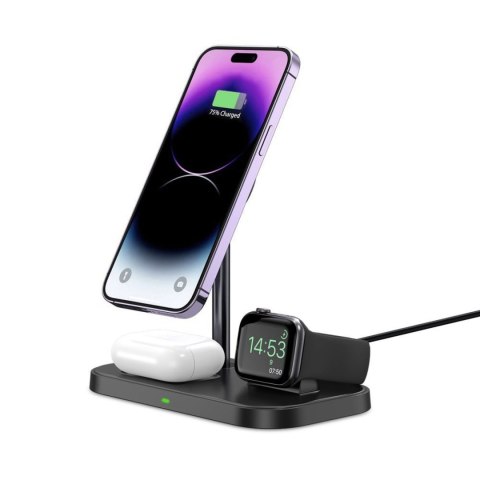 Ładowarka indukcyjna 3w1 ze stojakiem na smartfon Apple Watch AirPods MagSafe - czarna
