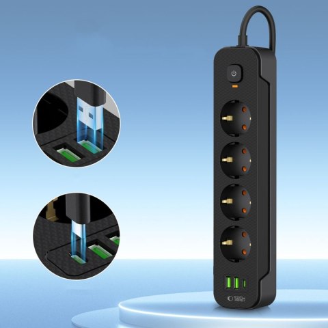Listwa zasilająca przedłużacz 4 gniazda 240V USB-A USB-C 2m - czarna