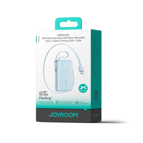 Powerbank 10000mAh 35W ze zwijanym kablem USB-C kablem-smyczą Lightning - niebieski