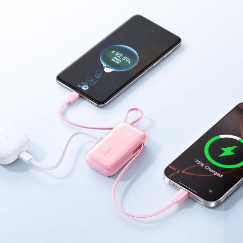 Powerbank 10000mAh 35W ze zwijanym kablem USB-C kablem-smyczą USB-C - różowy