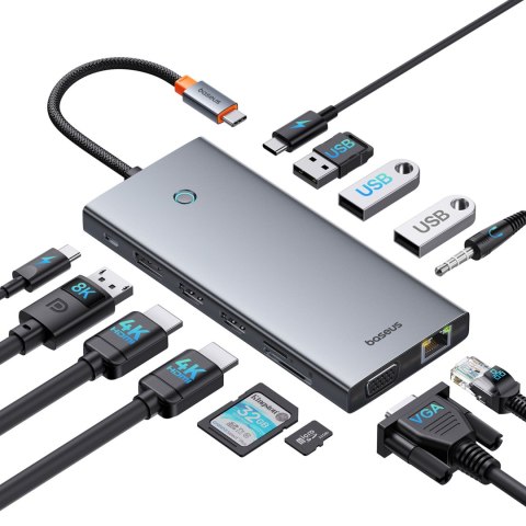 13w1 HUB adapter PortalJoy Series USB-C HDMI DP VGA USB-A PD RJ45 SD TF AUX - szary