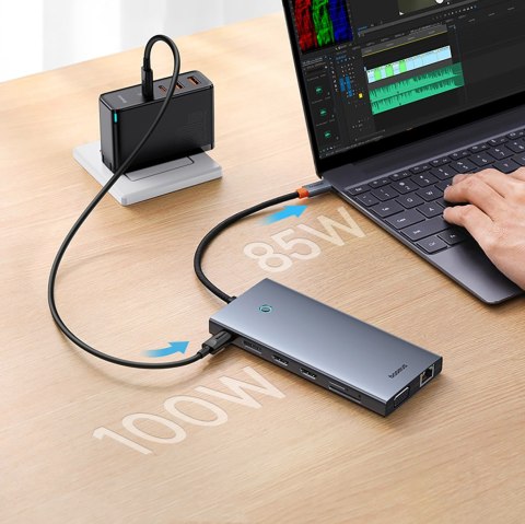 13w1 HUB adapter PortalJoy Series USB-C HDMI DP VGA USB-A PD RJ45 SD TF AUX - szary