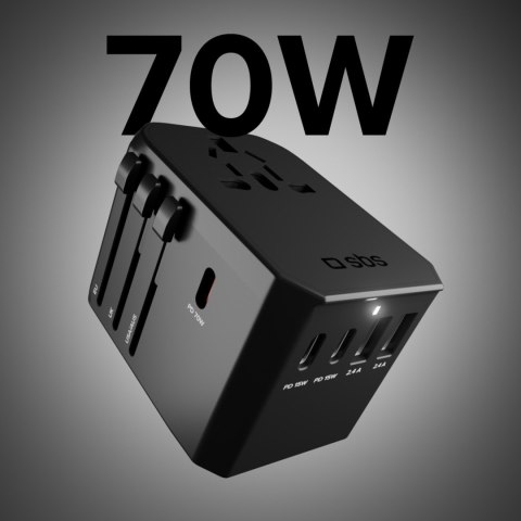Adapter podróżny przejściówka do gniazdek EU UK US AUS USB-C USB-A GaN 70W - czarny