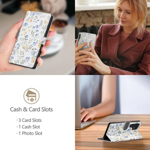Etui zamykane z ekoskóry na Samsung Galaxy A26 5G / A17 4G / 5G Wallet - stokrotki z liśćmi