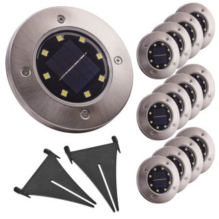 Lampy ogrodowe solarne najazdowe gruntowe czujnik zmierzchu wbijane świecący dysk 8LED 12szt. zimny biały