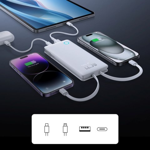 Powerbank 10000mAh 22.5W Airpow Lite z wbudowanymi kablami USB-C iPhone Lightning - biały